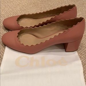 Chloe “Lauren” rose leather scalloped pumps